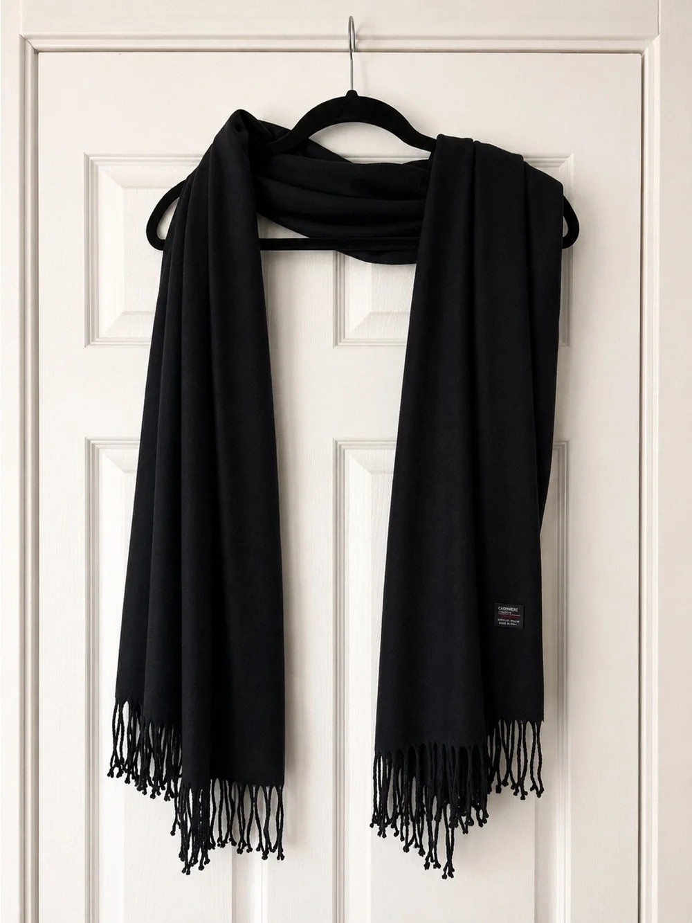 Black Cashmere Blend Fringe Scarf Italy Design Soft Wrap Shawl 25x66